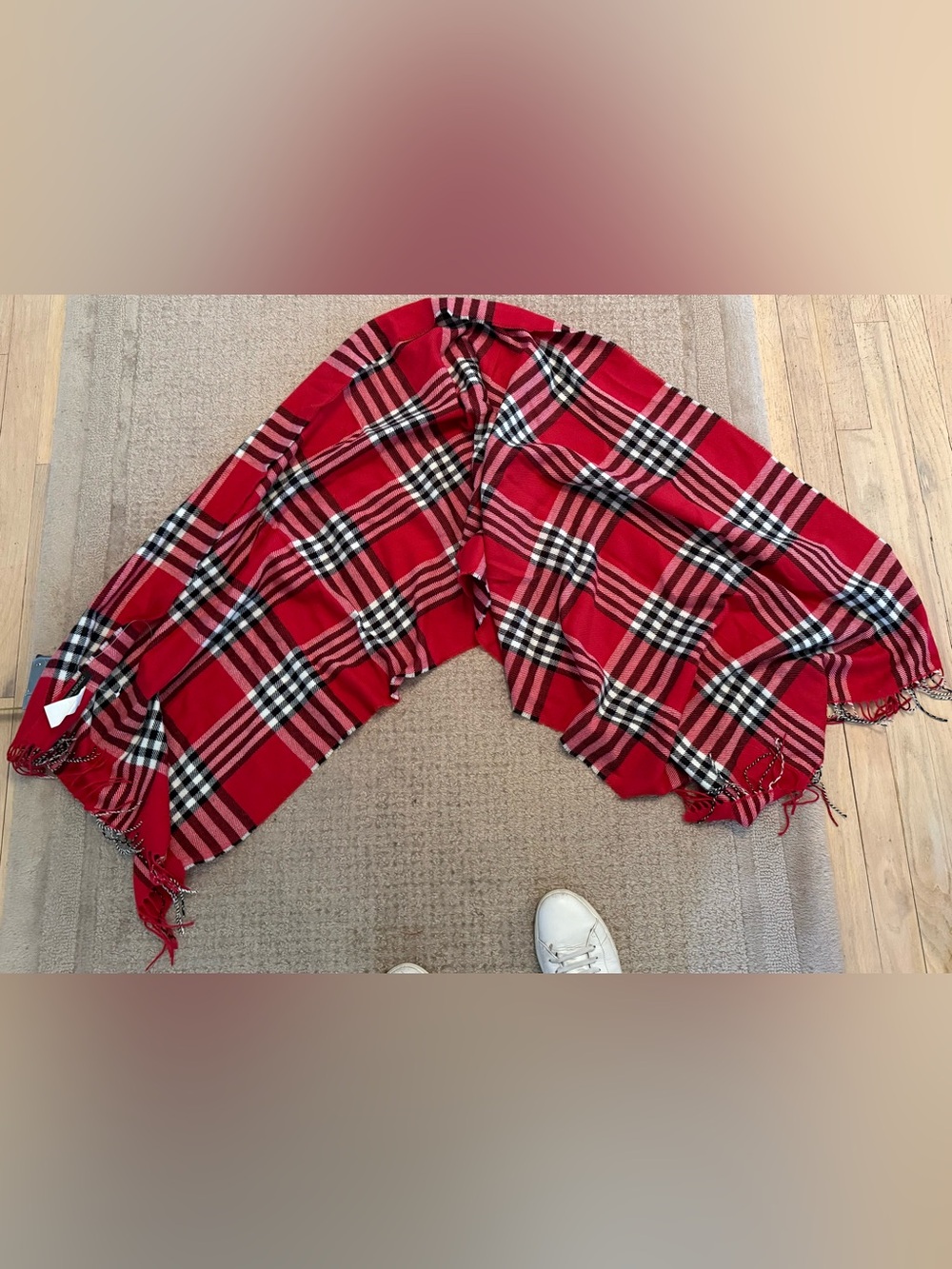 Banana Republic Red Plaid Fringe Scarf Wrap Shawl One Size Acrylic 78”x24”